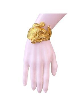 70s & 80s Kenneth Jay Lane Gold Tone Cuff Bracelet Alligator Textured Vintage